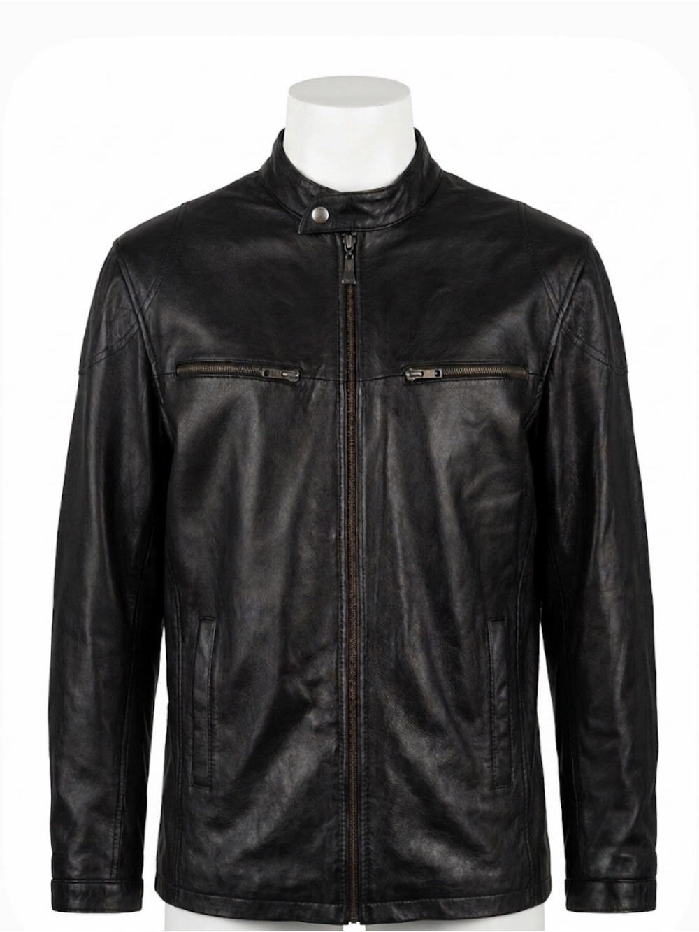 Men's Black Leather Moto-Style Bomber Jacket